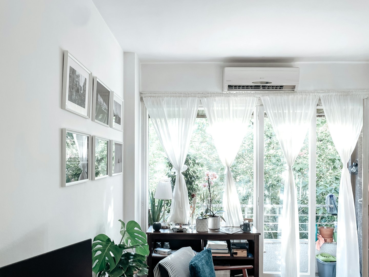 Modern living room with gallery wall and plants.