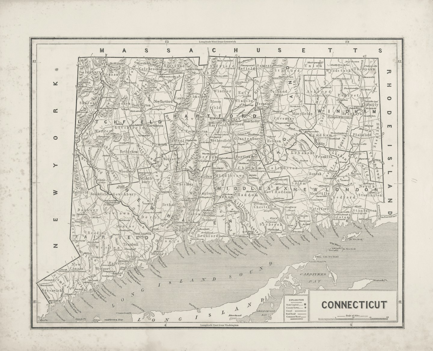 Antique map of Connecticut and surrounding states with towns and roads.